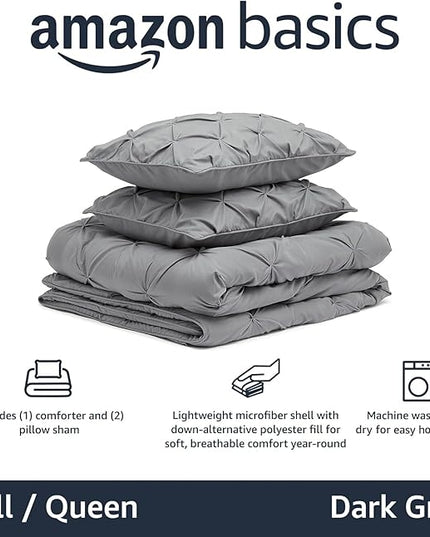 Amazon Basics All-Season Down-Alternative Comforter 3 Piece Bedding Set, Full/Queen, Dark Grey, Pinch Pleat With Piped Edges - LeafyLoom