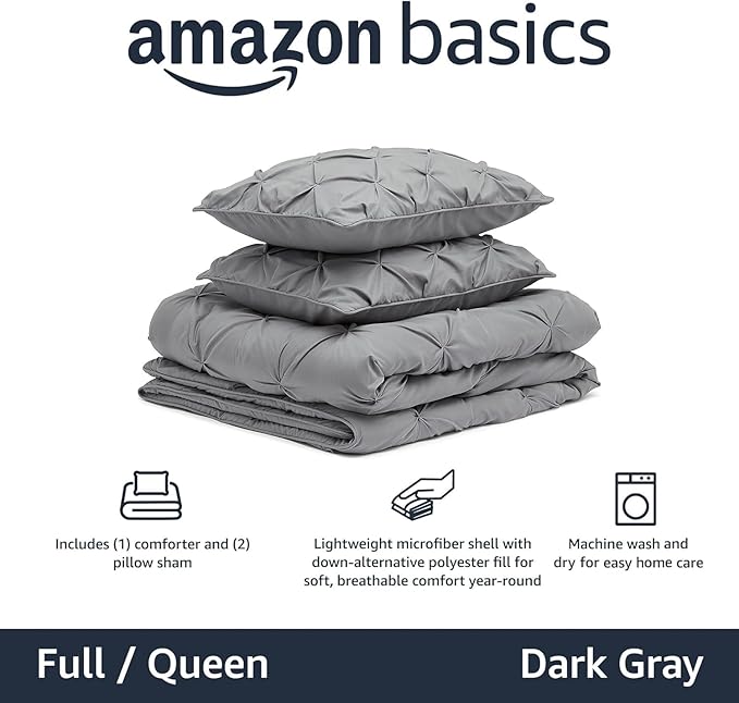 Amazon Basics All-Season Down-Alternative Comforter 3 Piece Bedding Set, Full/Queen, Dark Grey, Pinch Pleat With Piped Edges - LeafyLoom