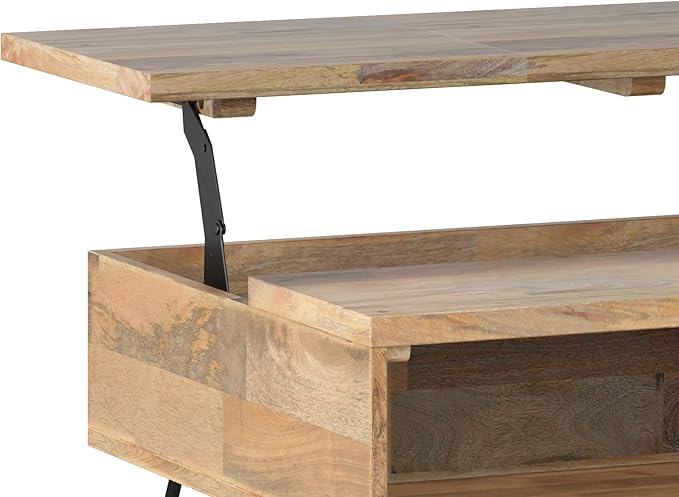 SIMPLIHOME Hunter SOLID MANGO WOOD and Metal 36 inch Wide Rectangle Industrial Contemporary Small Lift Top Coffee Table in Natural, for the Living Room and Family Room - LeafyLoom