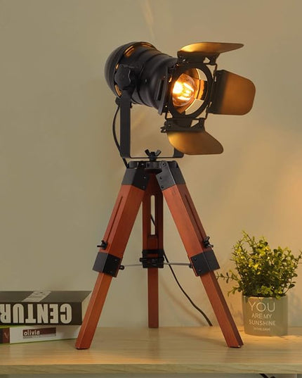 Decoluce Industrial Tripod Floor Table Lamp Vintage Wood Cinema Searchlight Standing Lighting Fixtures Nautical Spotlight Decorations-Not Include E26 Bulbs (Cinema) - LeafyLoom