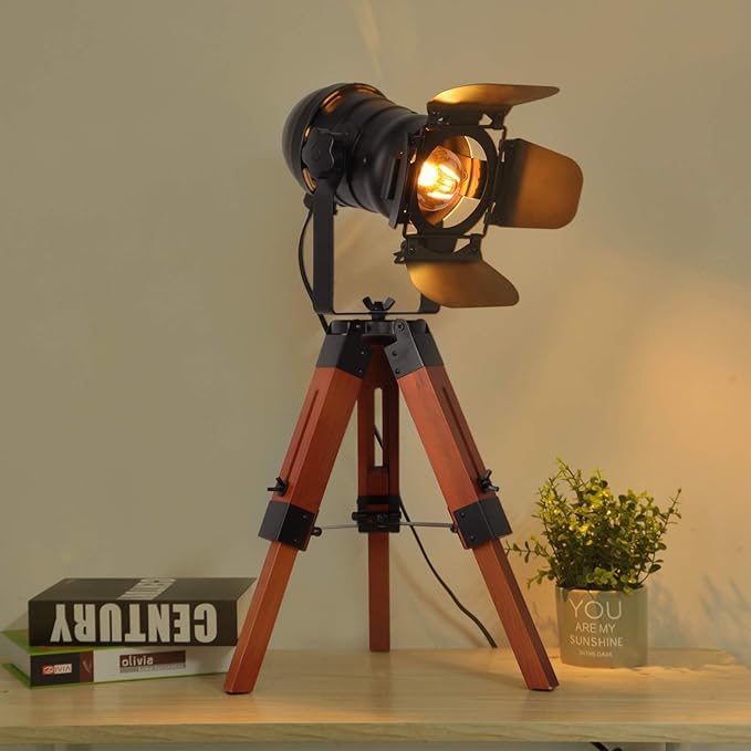 Decoluce Industrial Tripod Floor Table Lamp Vintage Wood Cinema Searchlight Standing Lighting Fixtures Nautical Spotlight Decorations-Not Include E26 Bulbs (Cinema) - LeafyLoom