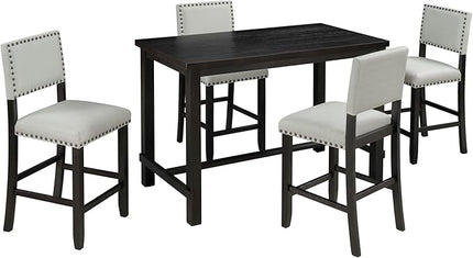 5 Piece Counter Height Dining Set for 4 Person, Include Classic Elegant Solid Wood Table and Four Padded Backrest Chairs, Farmhouse Home Furniture for Kitchen, Living Room, Espresso+Light Gray - LeafyLoom