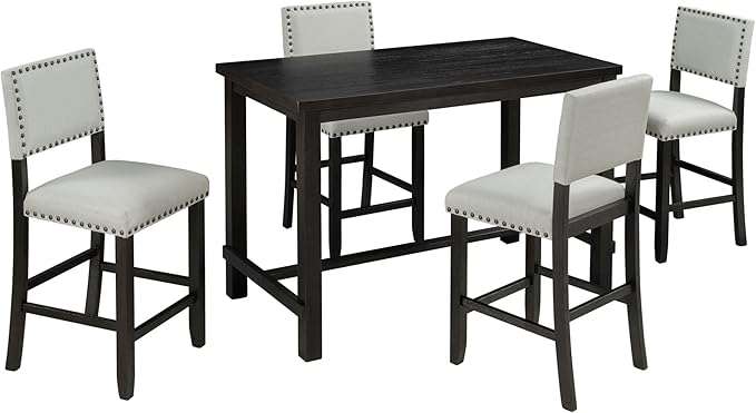 5 Piece Counter Height Dining Set for 4 Person, Include Classic Elegant Solid Wood Table and Four Padded Backrest Chairs, Farmhouse Home Furniture for Kitchen, Living Room, Espresso+Light Gray - LeafyLoom