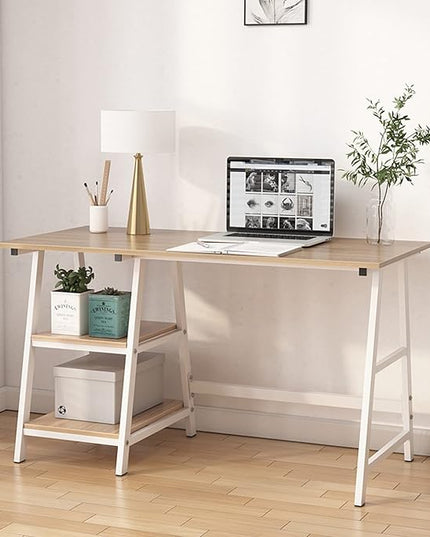 sogesfurniture 47 inches Writing Computer Desk, Trestle Desk Study Desk, Laptop PC Desk, Workstation with Storage Shelf, Home Office Desk Sturdy Table Study Table,Oak BHUS-CS-Tplus-120OK - LeafyLoom