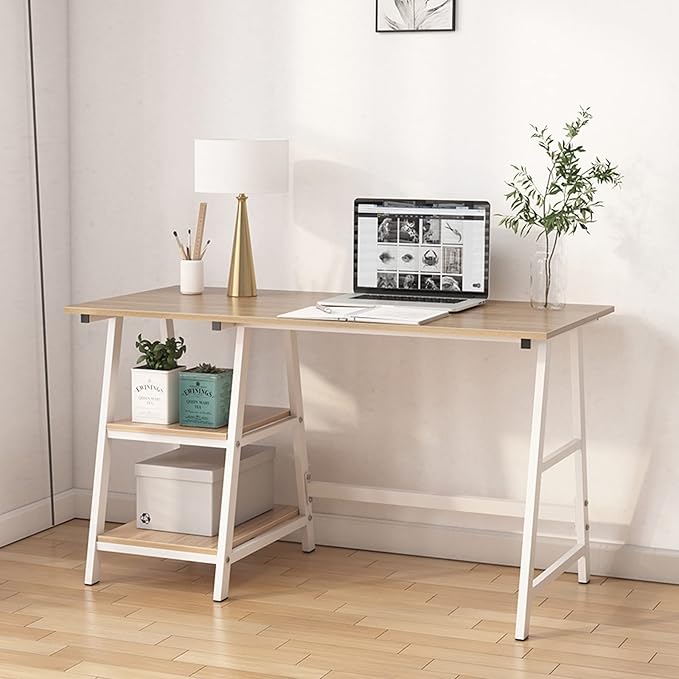 sogesfurniture 47 inches Writing Computer Desk, Trestle Desk Study Desk, Laptop PC Desk, Workstation with Storage Shelf, Home Office Desk Sturdy Table Study Table,Oak BHUS-CS-Tplus-120OK - LeafyLoom