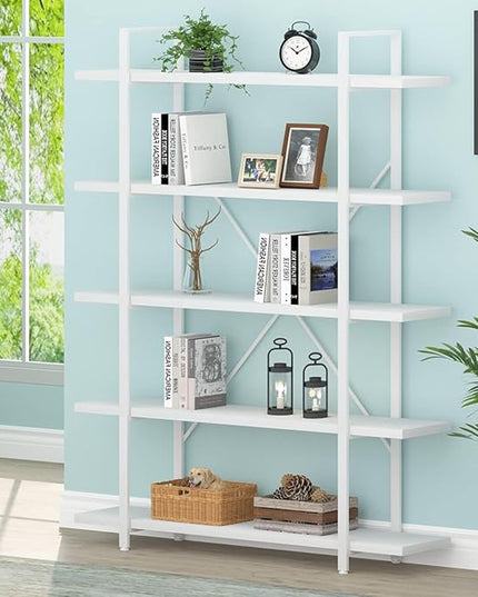 HSH 5 Tier Tall White Bookshelf, Metal and Wood Storage Book Shelves for Bedroom Living Room Office, Modern Large White Bookcases and Bookshelves 5 Shelf, Farmhouse Open Vertical Display Book Shelf - LeafyLoom
