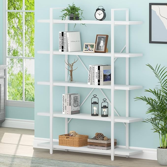 HSH 5 Tier Tall White Bookshelf, Metal and Wood Storage Book Shelves for Bedroom Living Room Office, Modern Large White Bookcases and Bookshelves 5 Shelf, Farmhouse Open Vertical Display Book Shelf - LeafyLoom