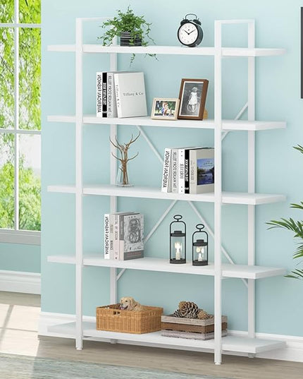 HSH 5 Tier Tall White Bookshelf, Metal and Wood Storage Book Shelves for Bedroom Living Room Office, Modern Large White Bookcases and Bookshelves 5 Shelf, Farmhouse Open Vertical Display Book Shelf - LeafyLoom