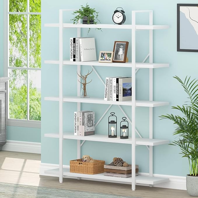 HSH 5 Tier Tall White Bookshelf, Metal and Wood Storage Book Shelves for Bedroom Living Room Office, Modern Large White Bookcases and Bookshelves 5 Shelf, Farmhouse Open Vertical Display Book Shelf - LeafyLoom