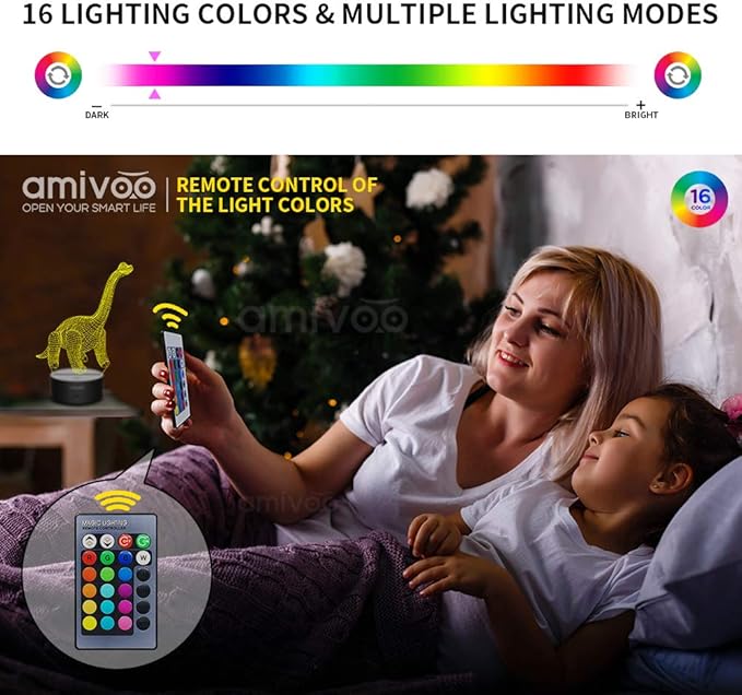Dinosaur 3D Night Light for Kids 16 Colors Changing 3D Optical Illusion Lamp with Smart Touch & Remote Control, Best Gift for Girls Boys Kids (Dino-Brachiosaurus) - LeafyLoom