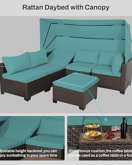 6 PCS Outdoor Patio Furniture Set,Sectional Sofa Set,Rattan Daybed with Retractable Canopy,Adjustable Backrest,Storage Coffee Table,Chaise Chair Sunbed for Garden Poolside Backyard(Walnut Green) - LeafyLoom