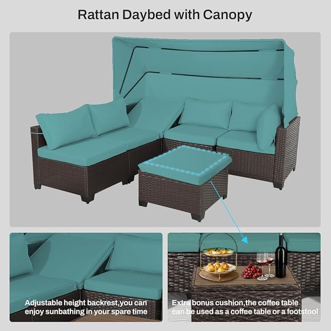 6 PCS Outdoor Patio Furniture Set,Sectional Sofa Set,Rattan Daybed with Retractable Canopy,Adjustable Backrest,Storage Coffee Table,Chaise Chair Sunbed for Garden Poolside Backyard(Walnut Green) - LeafyLoom