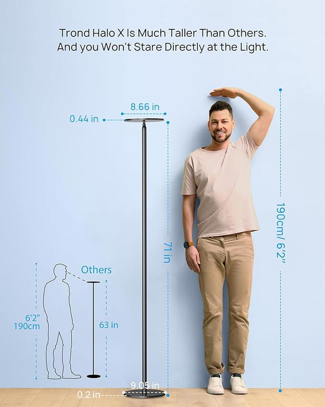 TROND Floor Lamp, Bright Sky LED Modern Torchiere Lamp, 71 in Tall Aluminum Pole Light, 5500K Natural Daylight Standing Lamp, Touch 5-Level Dimmable, 5000 lm, 30 Mins Timer for Living Room Bedroom - LeafyLoom