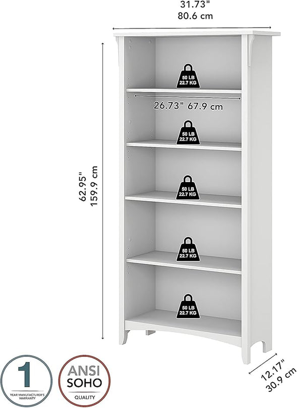 Bush Furniture BSH24463038 Salinas 5-Shelf 63-Inch H Bookcase, Pure White - LeafyLoom