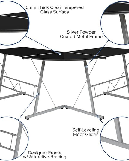 Flash Furniture Ginny L-Shaped Desk 83.5" Computer Corner Desk, Gaming Corner Desk, Home Office Corner Desk, Gaming Desk, Space Saving, Easy to Assemble, Black - LeafyLoom