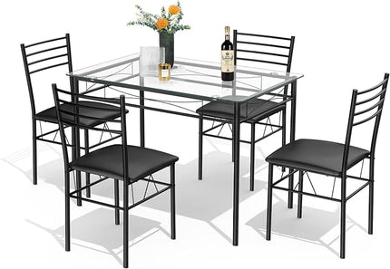 Tangkula 5 Pieces Dining Set 4 Person Home Kitchen Glass Top Table and Chairs Breakfast Furniture, 43.5 x 27.5 x 30 inches,16 x 17 x 34 inches, Black - LeafyLoom