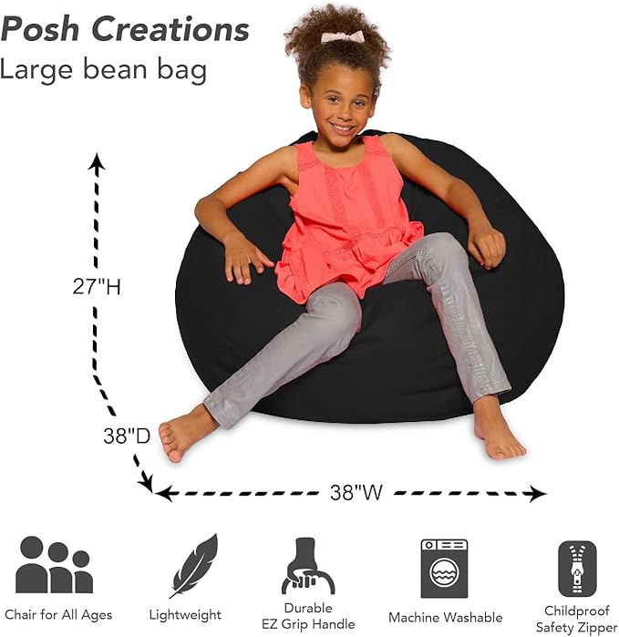 Posh Beanbags Bean Bag Chair, Large-38in, Solid Black - LeafyLoom