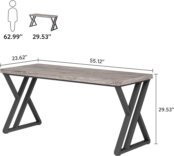 55 Inch Large Simple Industrial Computer Desk Study Writing Table Home Office Workstation,Grey - LeafyLoom
