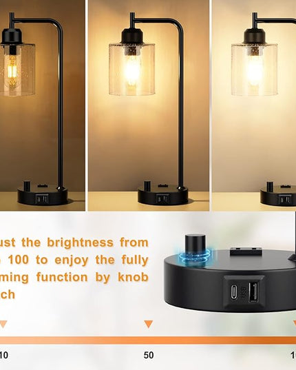 Industrial Bedside Table Lamp for Bedroom - Nightstand Lamps with USB C Charging Port, Fully Dimmable Black Ports and Outlets, Small Desk Glass Shade Office Living Room - LeafyLoom