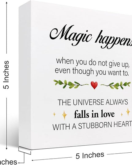 Inspirational Wood Sign,Magic Happens When You Do not Give Up Wood Block Sign Desk Decor,Motivational Sign Wooden Box Plaque Sign for Home College Office Shelf Table Decor Decorations - LeafyLoom