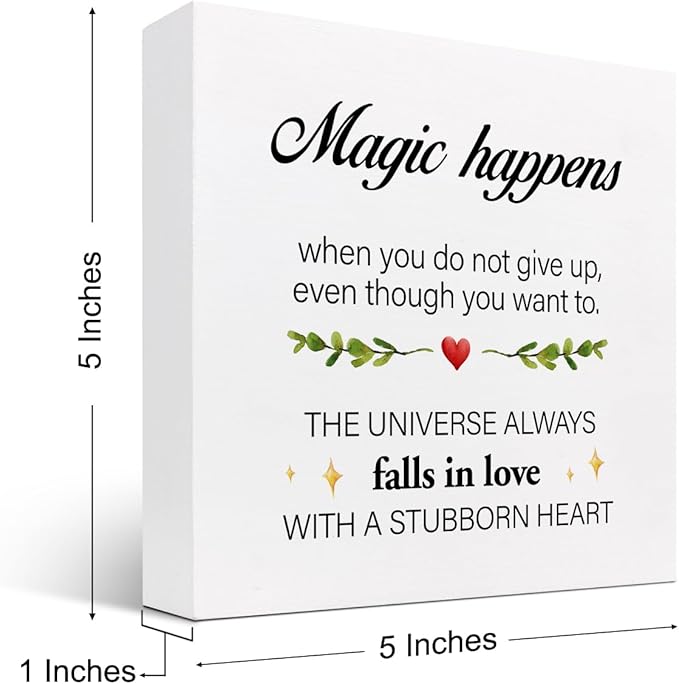 Inspirational Wood Sign,Magic Happens When You Do not Give Up Wood Block Sign Desk Decor,Motivational Sign Wooden Box Plaque Sign for Home College Office Shelf Table Decor Decorations - LeafyLoom