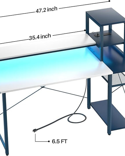 47.2'' Gaming Desk with LED and storage Shelves, 47 Computer Desk with Long Monitor Stand, Small Desk for Small Space, Simple Study Student Writing Desk, Laptop Table for Home Office, White - LeafyLoom