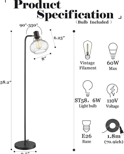 ELYONA Industrial Floor Lamp, Modern Standing Light with Handblown Seeded Bubble Glass Shade, Tall Pole Farmhouse Corner Light for Living Room Bedroom Office, Edison 6W Bulb Included, Black - LeafyLoom