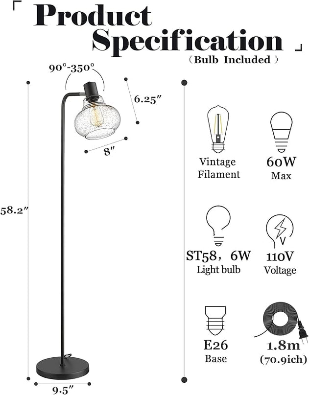 ELYONA Industrial Floor Lamp, Modern Standing Light with Handblown Seeded Bubble Glass Shade, Tall Pole Farmhouse Corner Light for Living Room Bedroom Office, Edison 6W Bulb Included, Black - LeafyLoom