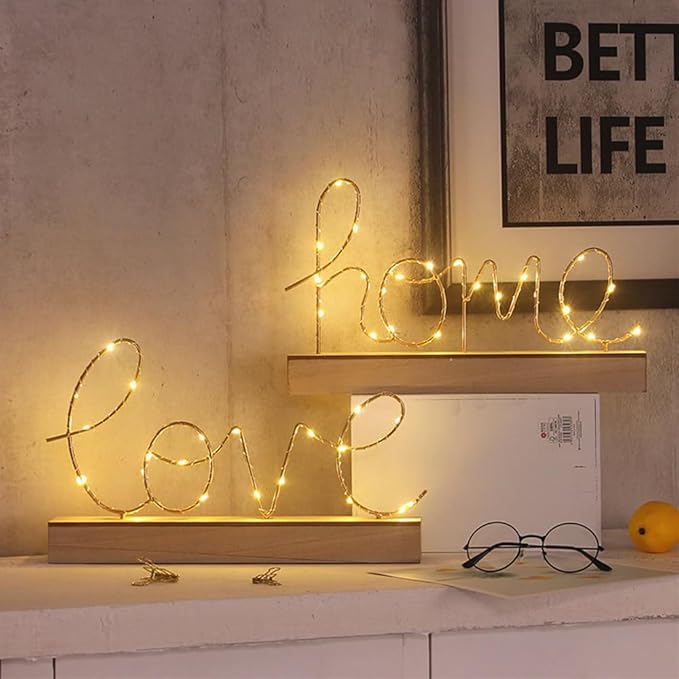 GUOCHENG Love Alphabet Letter Light Battery Operated LED Table Lamps Love Romantic Decorative Mood Lights Starry String Night Light, Wedding Christmas Bedroom Decor(Metal Love) - LeafyLoom
