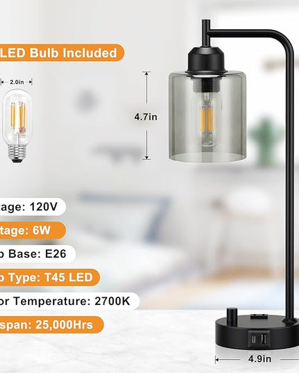Industrial Bedside Desk Lamps for Bedroom - Grey Smoked Glass Shade Table Lamp with USB C Port, Fully Dimmable Small Lamps with USB Port and Outlet, Reading Nightstand Lamps for Office Living Room - LeafyLoom