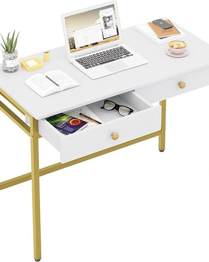 Weehom Computer Desk with Drawers, Home Office Desk for Writing, Studying, and Gaming - Sturdy and Spacious Workstation for PC and Laptop(White and Gold) - LeafyLoom