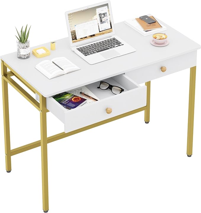 Weehom Computer Desk with Drawers, Home Office Desk for Writing, Studying, and Gaming - Sturdy and Spacious Workstation for PC and Laptop(White and Gold) - LeafyLoom