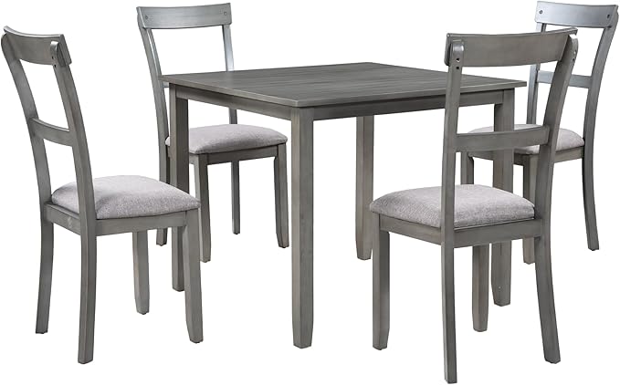 5 Piece Industrial Dinette Sets Wooden Kitchen Dining Table and 4 Matching Upholstered Chairs, for Diningroom Living Room, Easy to Assemble, Gray 1 - LeafyLoom