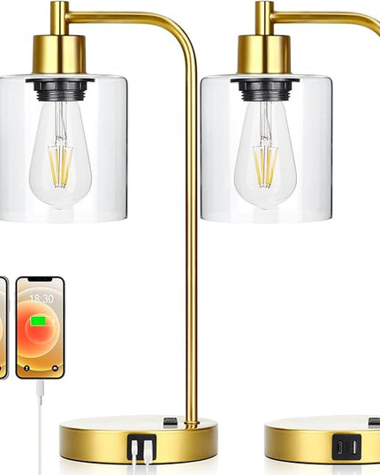 Industrial Touch Control Table Lamps Set of 2 - Gold Nightstand Bedside Lamps with 2 USB Ports & AC Outlet, 3-Way Dimmable Desk Lamp for Bedroom Living Room, Glass Shade & 2 LED Bulbs Included - LeafyLoom