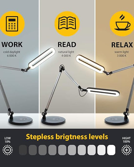 Led Desk Lamp | Architect Desk Lamps for Home Office | Desk Light Swing Arm with Wireless Charger, Adjustable Color temp & Brightness | Tall Table Lamp for Work, Reading, Study, Computer Monitor - LeafyLoom