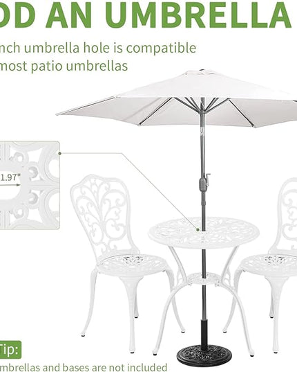 3 Piece Patio Set Outdoor Cast Aluminum Patio Bistro Table and Chairs Set of 2,All Weather Outdoor Bistro Sets with 1.97" Umbrella Hole for Front Porch Set,Garden(White) - LeafyLoom