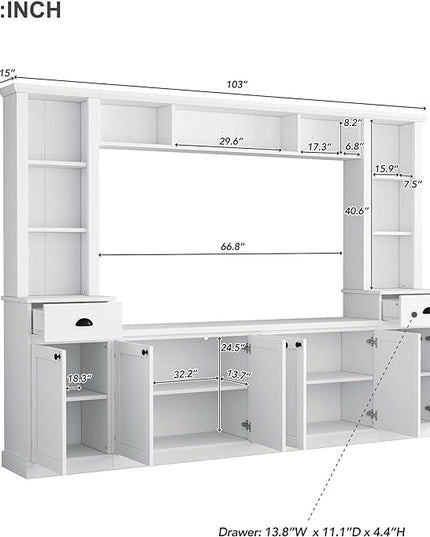 Merax Minimalist Entertainment Wall Unit Set with Bridge Ample Storage Space and Adjustable Shelves, TV Stand for Televisions Up to 75'', Modernist Large Media Console for Living Room, White - LeafyLoom