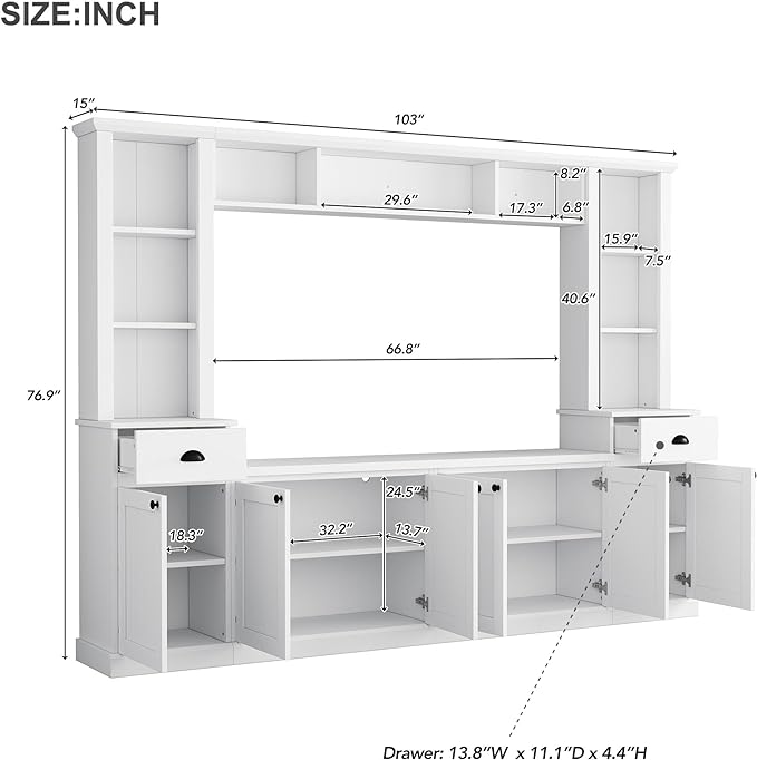 Merax Minimalist Entertainment Wall Unit Set with Bridge Ample Storage Space and Adjustable Shelves, TV Stand for Televisions Up to 75'', Modernist Large Media Console for Living Room, White - LeafyLoom