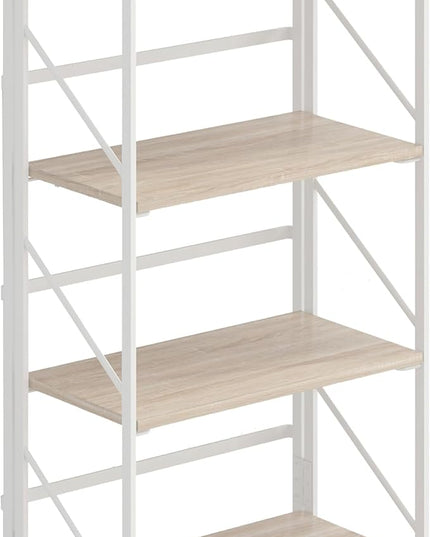 JSB No Assembly Folding Bookshelf, 4 Tier Industrial Metal Book Shelf for Storage, Vintage Wood foldable Bookcase for Living Room, Bedroom, Office Organization Shelves - LeafyLoom