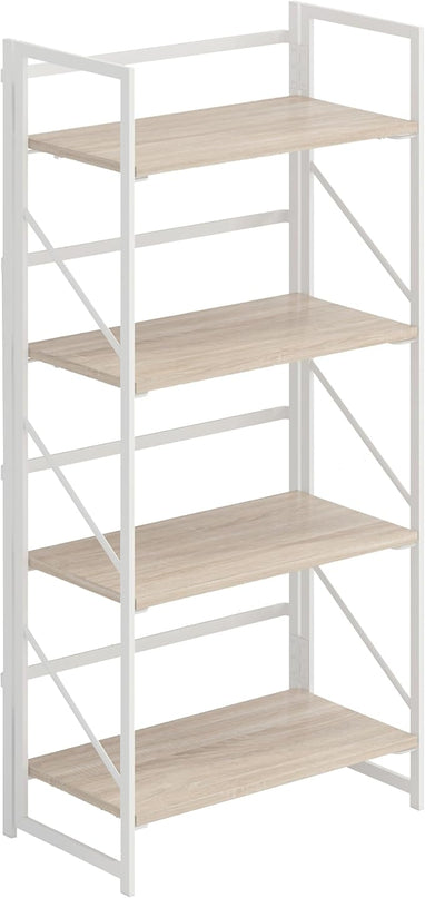 JSB No Assembly Folding Bookshelf, 4 Tier Industrial Metal Book Shelf for Storage, Vintage Wood foldable Bookcase for Living Room, Bedroom, Office Organization Shelves - LeafyLoom