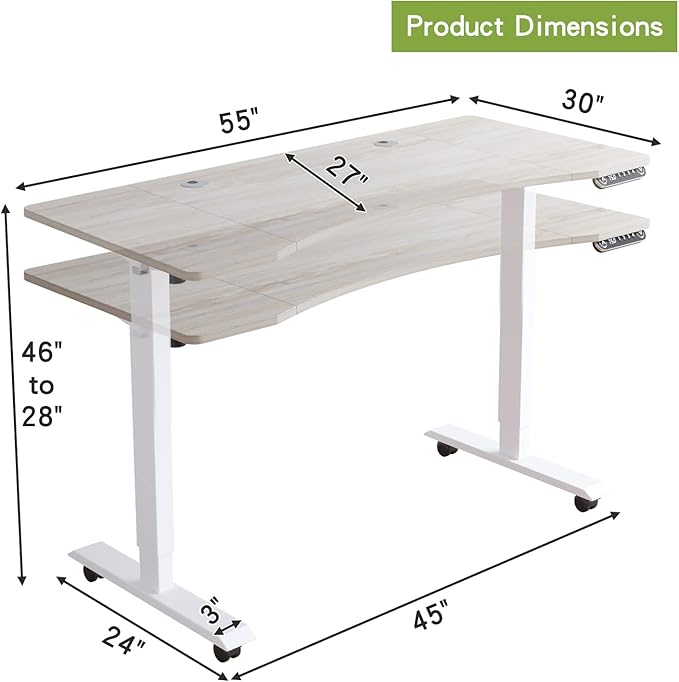 Radlove Electric Standing Desk, 55 x 30 Height Adjustable Computer Desk Sit Stand Desk Home Office Desks with Splice Board and A Under Desk Cable Management Tray (White Frame + Oak Top) - LeafyLoom