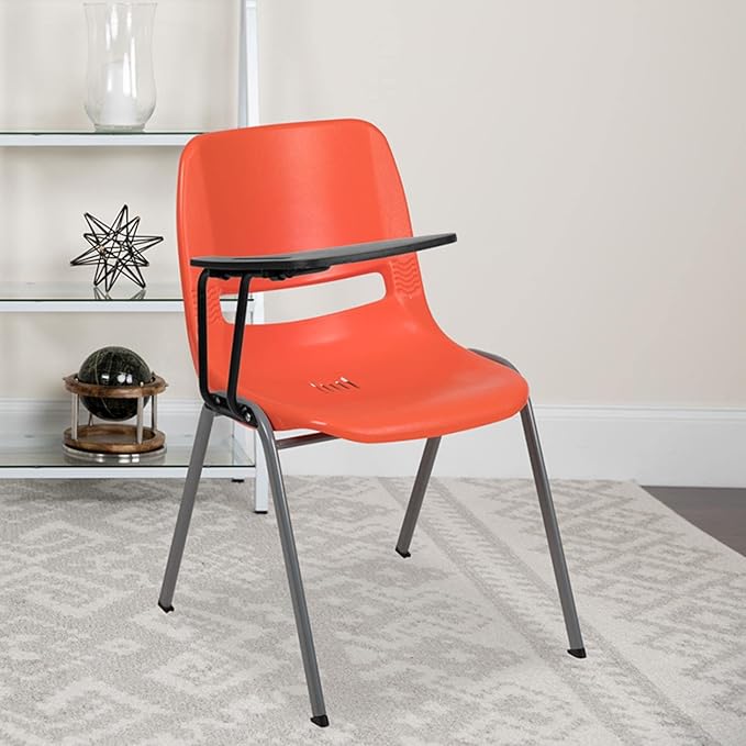Flash Furniture HERCULES Orange Ergonomic Shell Chair with Right Handed Flip-Up Tablet Arm - LeafyLoom