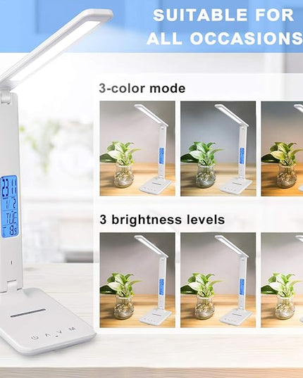 LED Desk Lamp, Desk Lamp with Wireless Charger, Suitable for Home, Office Dimmable Desk Lamp, with USB Charging Port, Built-in Clock, Calendar, Thermometer and Automatic Timing Reading Desk Lamp. - LeafyLoom