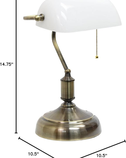 Simple Designs LT3216-WHT Executive Banker's Desk Lamp with Glass Shade, White, Antique Nickel/White, 10 x 8.66 x 14.75 - LeafyLoom