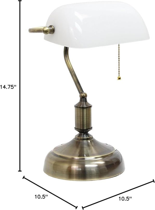 Simple Designs LT3216-WHT Executive Banker's Desk Lamp with Glass Shade, White, Antique Nickel/White, 10 x 8.66 x 14.75 - LeafyLoom