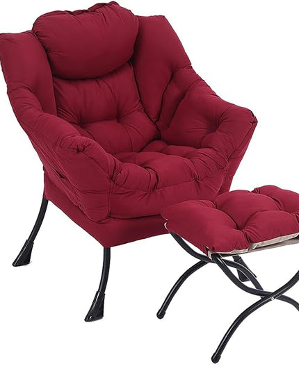 LITA Lazy Chair with Ottoman, Modern Accent Leisure Upholstered Sofa Chair, Contemporary Lounge Reading Chair with Armrests and a Side Pocket for Living Room, Bedroom & Small Space, Burgundy - LeafyLoom