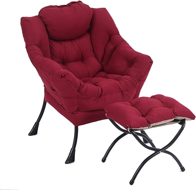 LITA Lazy Chair with Ottoman, Modern Accent Leisure Upholstered Sofa Chair, Contemporary Lounge Reading Chair with Armrests and a Side Pocket for Living Room, Bedroom & Small Space, Burgundy - LeafyLoom