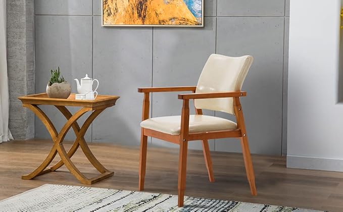 NOB Mid-Century Dining Side Chair with Faux Leather Seat in Beige, handrail Chair - LeafyLoom