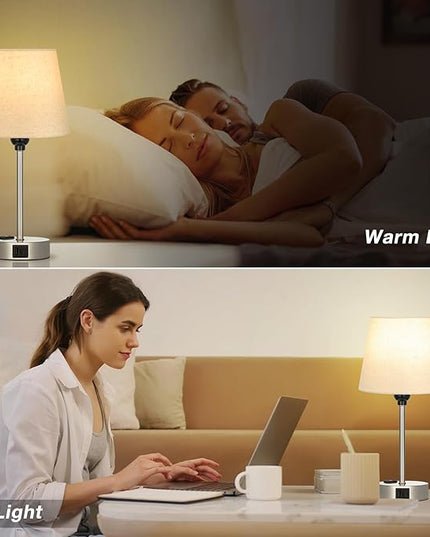 Table Lamps for Bedrooms Set of 2 Bedside - Nightstand Bedroom Lamp with USB C Port and AC Outlet Charging, Dimmable Touch Small End Side Lamp, Beige Night Stand Light for Kid/Guest Room/Living Room - LeafyLoom