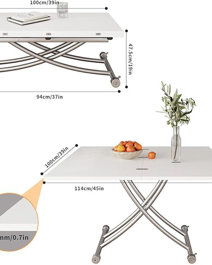 Height Adjustable Folding Dining Table Lift Top Coffee Table Converts to Dining Table with Sturdy Cross Metal Legs, Multi-Functional Space Saving Transform Table, White - LeafyLoom
